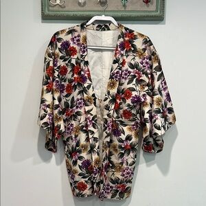 Vintage Short Floral Kimono with Red, Purple, and Yellow Hawaiian Flowers s/larg